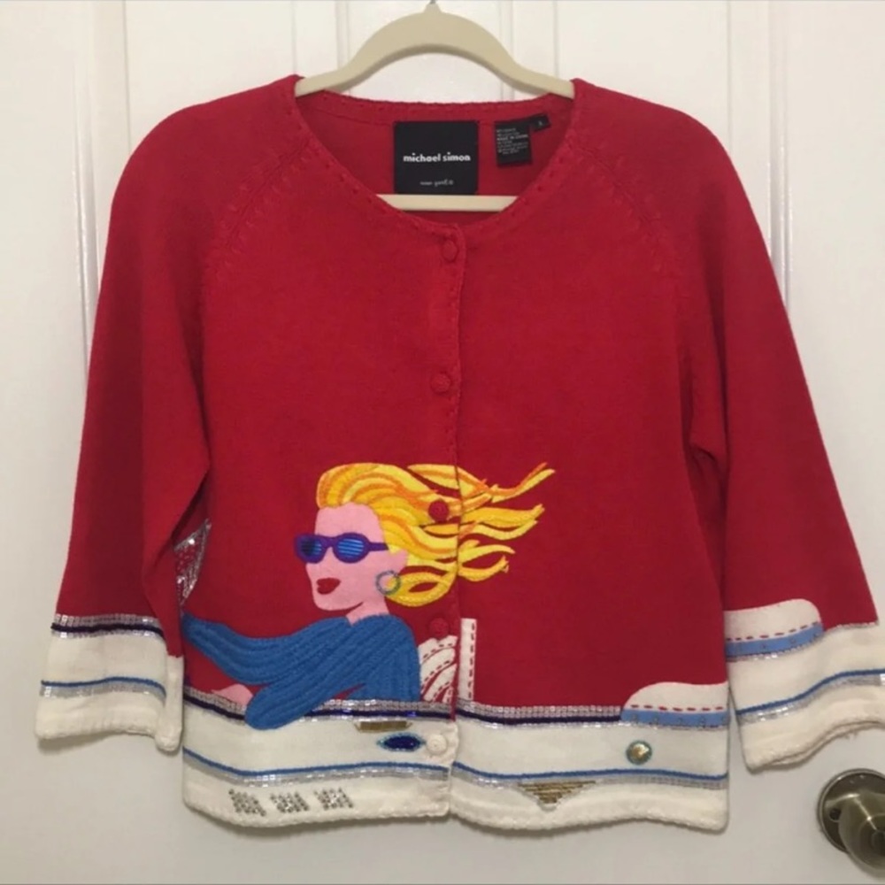 HTF Michael Simon Sweater Cardigan Cruising Lady with Sunglasses size Small